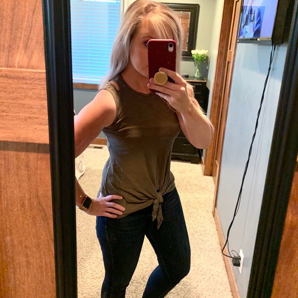 Army green tie front tank top